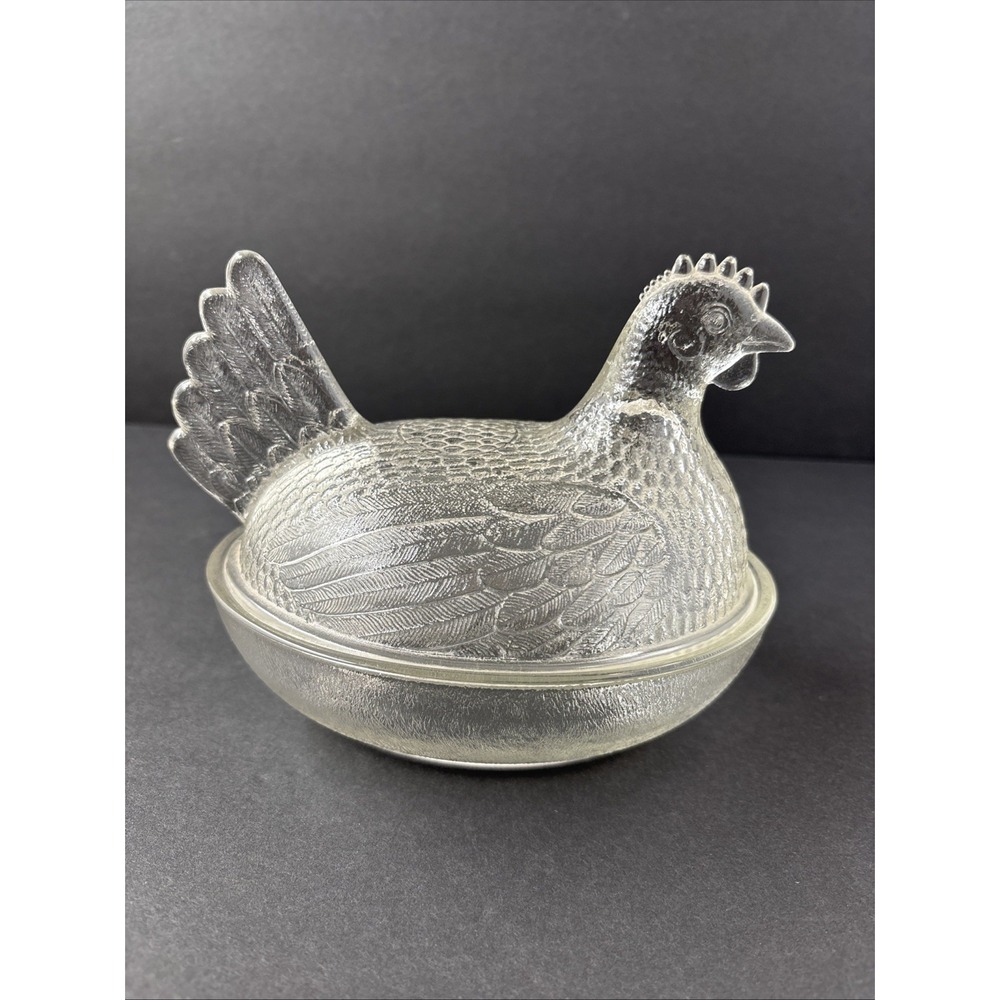 VTG Indiana Glass Clear Hen On Nest Chicken Candy Trinket Covered Dish Farmhouse - Picture 6 of 16